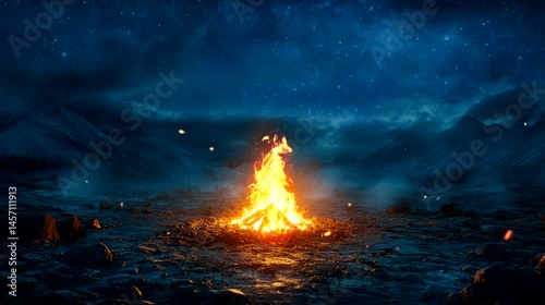 Glowing campfire burning on rocky ground under starry night sky in wilderness landscape