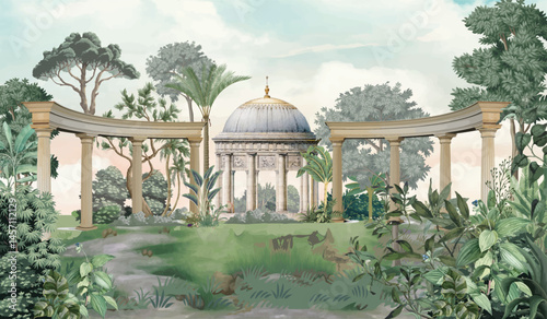 Traditionam Mughal Wall Mural, Greek Garden Illustration, Wallpaper Illustration.