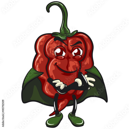 character mascot of a carolina reaper chili cartoon vector isolated clip art illustration as flying superhero wearing a robe, work of hand drawn