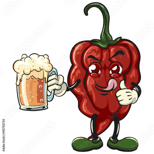 character mascot of a carolina reaper chili cartoon vector isolated clip art illustration lift a big glass of beer while brandishing thumbs up, work of hand drawn
