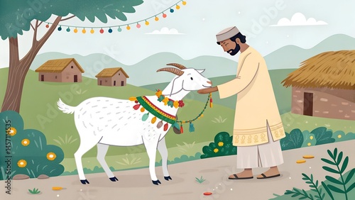 A man gently holding a decorated white goat...

