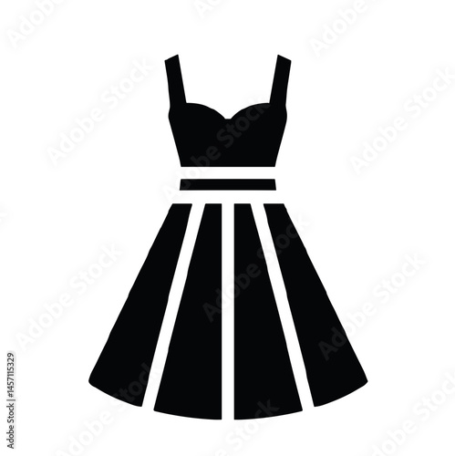 Elegant black dress vector icon with pleats and structured bodice on transparent background for fashion branding, formal attire design, and wardrobe illustrations