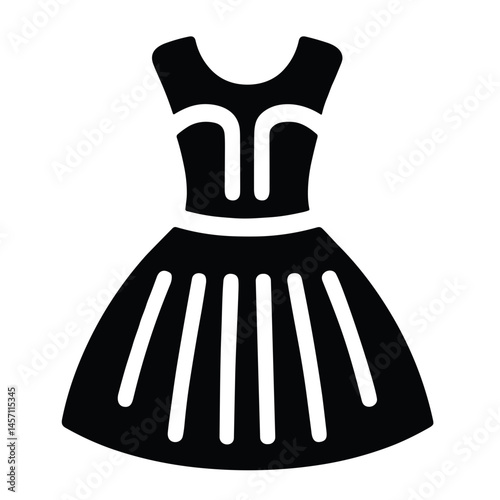 Elegant black dress vector icon with pleats and structured bodice on transparent background for fashion design, formalwear, and clothing brand identity
