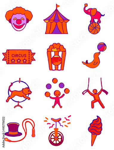 Colorful circus-themed icons featuring fun characters and acts, perfect for entertainment designs