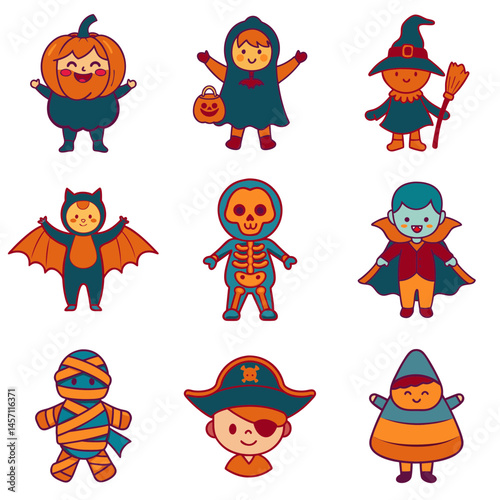 Icon sheet of colorful Halloween costumes for children, featuring playful illustrations of spooky characters