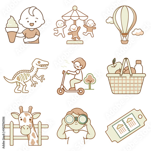 Icon sheet of playful children's activities and exploration items in soft pastel tones, perfect for kids' designs, copy space