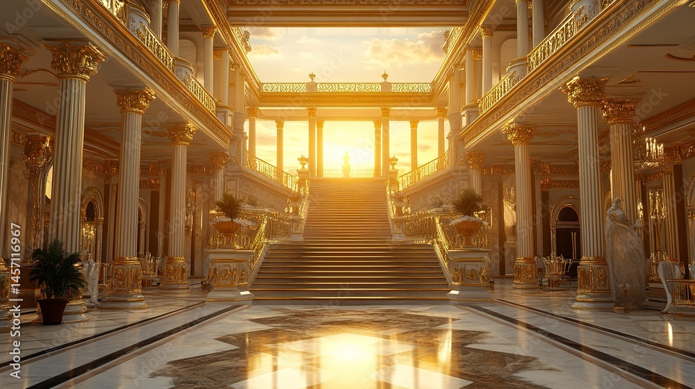Naklejka premium Ornate royal hotel showcasing opulent gold trim marble pillars and sweeping staircases bathed in warm sunset glow frontal perspective. 
