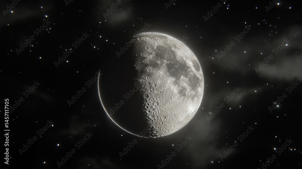 Fototapeta premium The illuminated portion of the moon surrounded by numerous stars