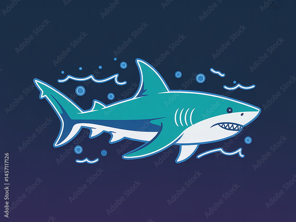 Naklejka premium Stylized teal and white shark swims near the surface amidst bubbles on deep blue