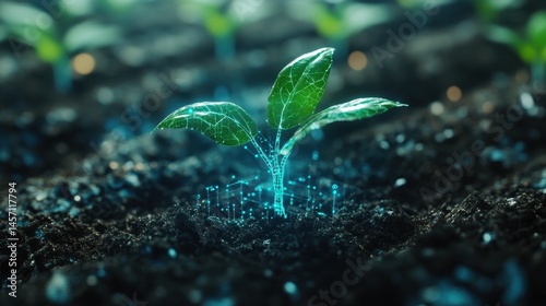 Digital transformation of agriculture: a young plant with digital elements in soil