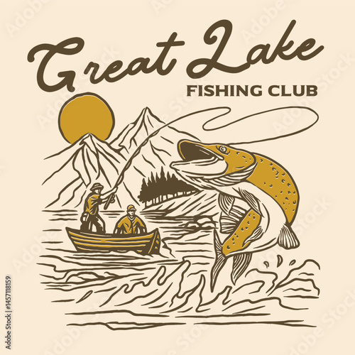 A vintage-style illustration of two anglers in a boat on a lake with a jumping fish and mountain backdrop, capturing the classic fishing adventure atmosphere.
