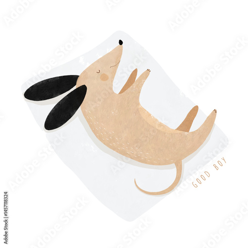 Vector Illustration Of Happy Dog Sleeping on a Gray Blanket. Funny Doggy Taking A Nap. Lovely Hand Drawn Nursery Art with Sweet Puppy On A White Background. Kids Room Decoration. 