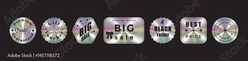 Set of iridescent holographic sale stickers. Shiny foil labels for Black Friday, big sale, special offer, and premium quality. Gradient metallic texture with retro futuristic look on black background