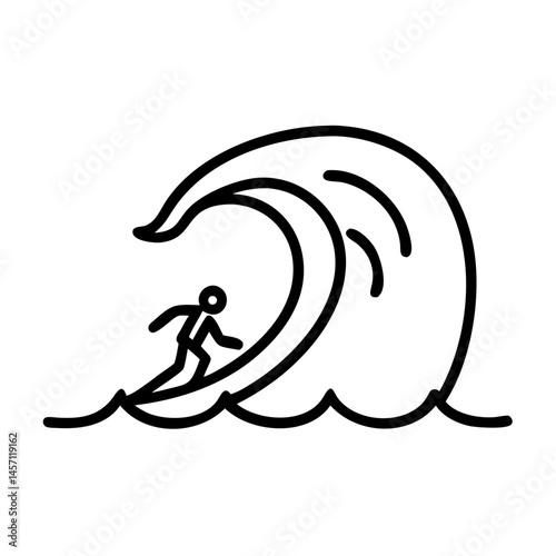 Surfer riding a large wave in an ocean setting, icon, vector  