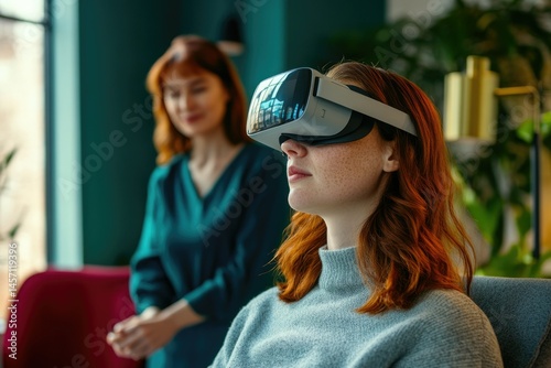 A young woman with red hair uses a VR headset while another woman looks on, possibly in a therapy session.