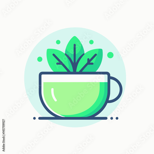 Herbal Tea Cup with Leaves in Minimalist Style in Green  