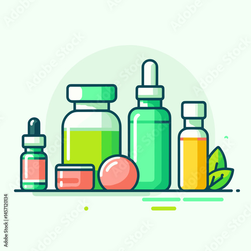 Essential Oils Set, Detox - illustrated collection of green bottles  
