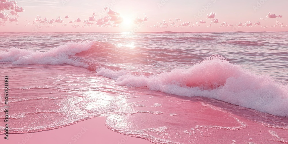 Fototapeta premium Pink beach with pink waves, a pink sky, a pink sea, pink sand, a pink background