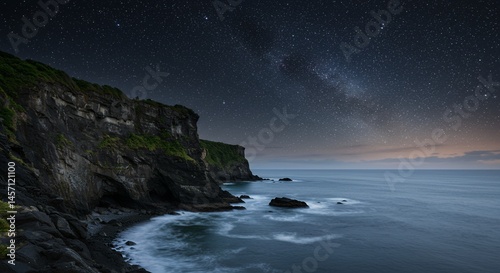 Wallpaper Mural Scenic Night Coastline with Starry Sky and Milky Way Over Rocky Cliffs and Turquoise Ocean Waters in Natural Landscape Torontodigital.ca