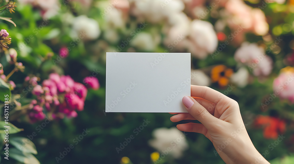 Hand holding blank greeting card against flower garden, Mother's Day Hand holding blank greeting card against flower garden, Mother's Day