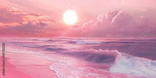 Fototapeta Naklejka Na Ścianę i Meble -  Pink beach with pink waves, pink sky, pink sea, pink sand, pink sun in the background, pink dreamy style