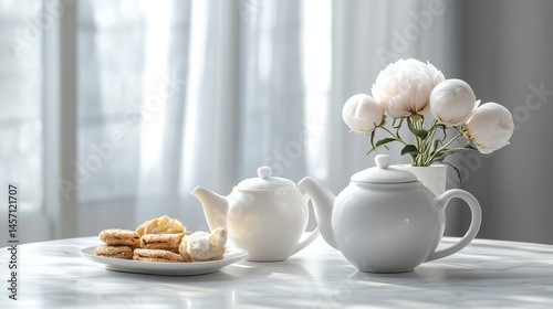 Wallpaper Mural Teapots, cookies, and peonies on sunlit table Torontodigital.ca