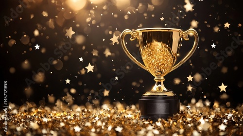 Golden trophy in glittering setting with star confetti and warm lighting
