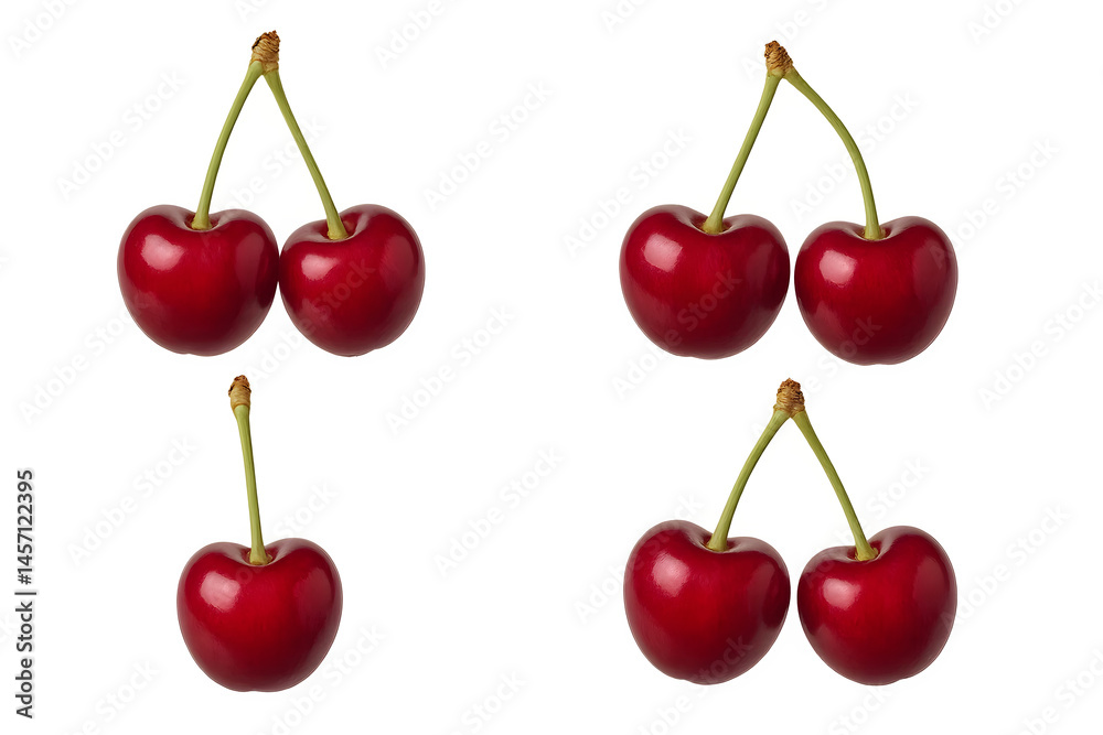 Four cherries displayed in pairs, two pairs on top and two pairs on the bottom, all with bright red fruit and green stems. Concept Cherries Display, Vibrant Color Contrast, Fruit Arrangement Four cherries displayed in pairs, two pairs on top and two pairs on the bottom, all with bright red fruit and green stems. Concept Cherries Display, Vibrant Color Contrast, Fruit Arrangement