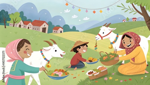 little girl and beautifull white goats 