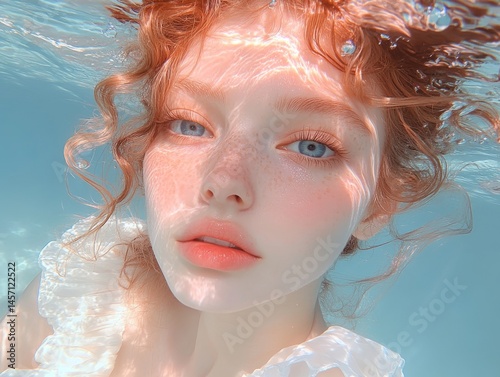 Underwater, a woman with bright orange locks creates a dreamlike portrait, with refracted light imbuing her face and the space around her with an airy, whimsical radiance photo