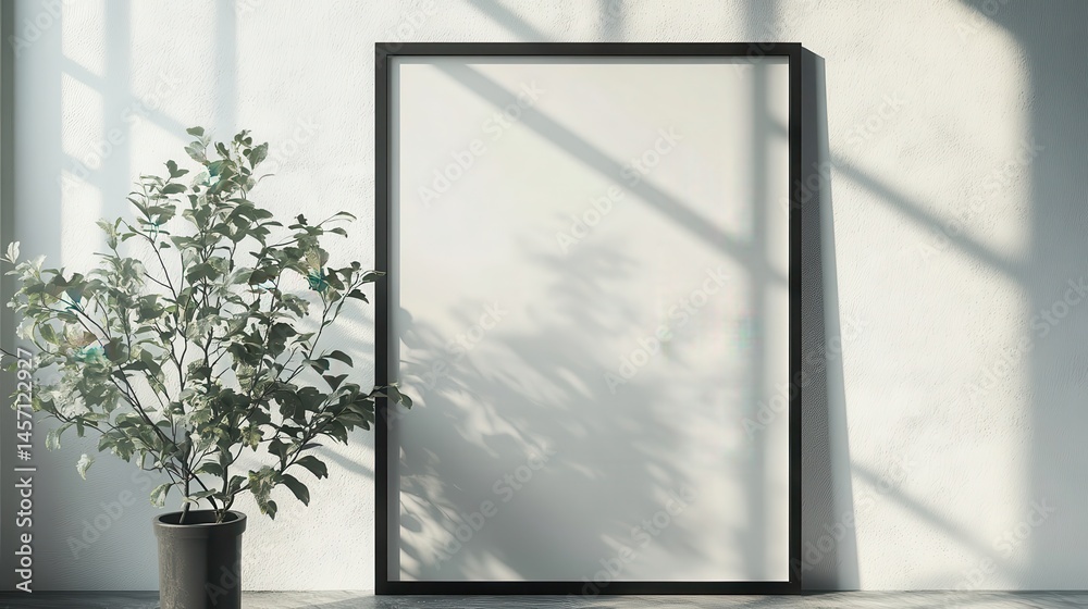 Fototapeta premium Minimalist interior with black framed empty canvas and potted plant in sunlit setting