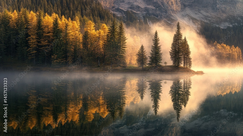Fototapeta premium Beautiful forest lake with reflections in a misty morning setting