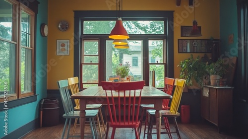 A brightly painted dining room with wooden table and chairs