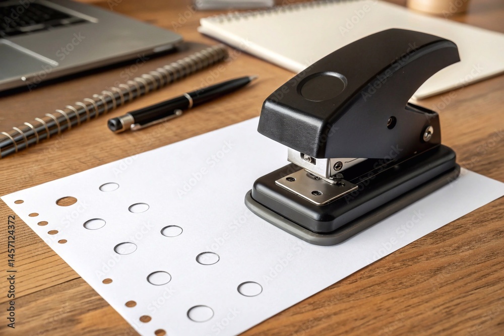 A hole punch on a table with holes punched in a sheet of paper and circles falling out. High quality photo A hole punch on a table with holes punched in a sheet of paper and circles falling out. High quality photo