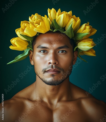 A cream tulip headpiece is the focal point of a fashionable portrait, where a model is positioned against a bold teal background, highlighting a chic and modern interpretation of floral elegance