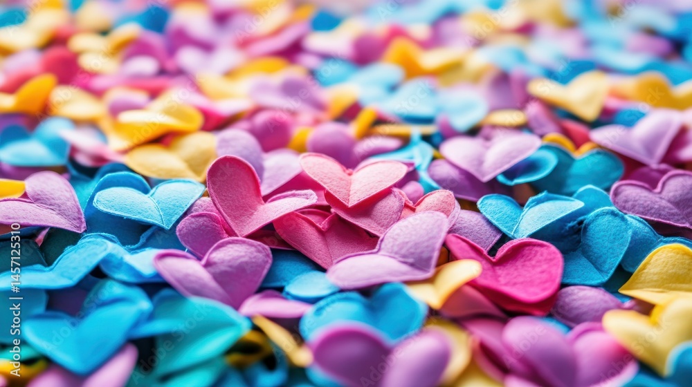 A collection of colorful fabric hearts scattered in vibrant display A collection of colorful fabric hearts scattered in vibrant display