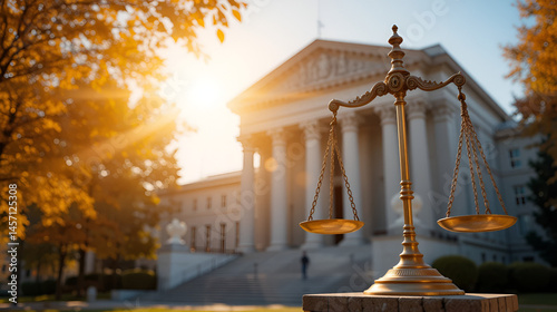 Justice scales illuminated by sunlight in front of a majestic courthouse surrounded by autumn foliage