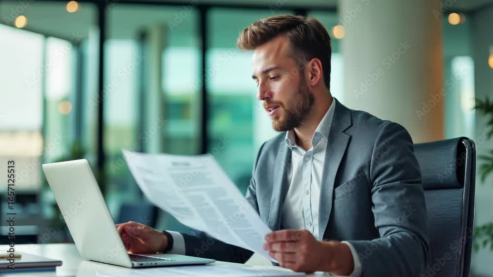 Smiling businessman in gray suit reading document with laptop at modern office desk. Young bearded professional reviewing paperwork with enthusiasm. Male executive analyzing report in corporate Smiling businessman in gray suit reading document with laptop at modern office desk. Young bearded professional reviewing paperwork with enthusiasm. Male executive analyzing report in corporate
