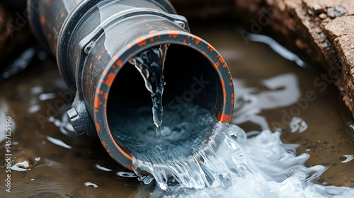 Sewer pipe with water flowing, symbolizing drainage and sanitation.