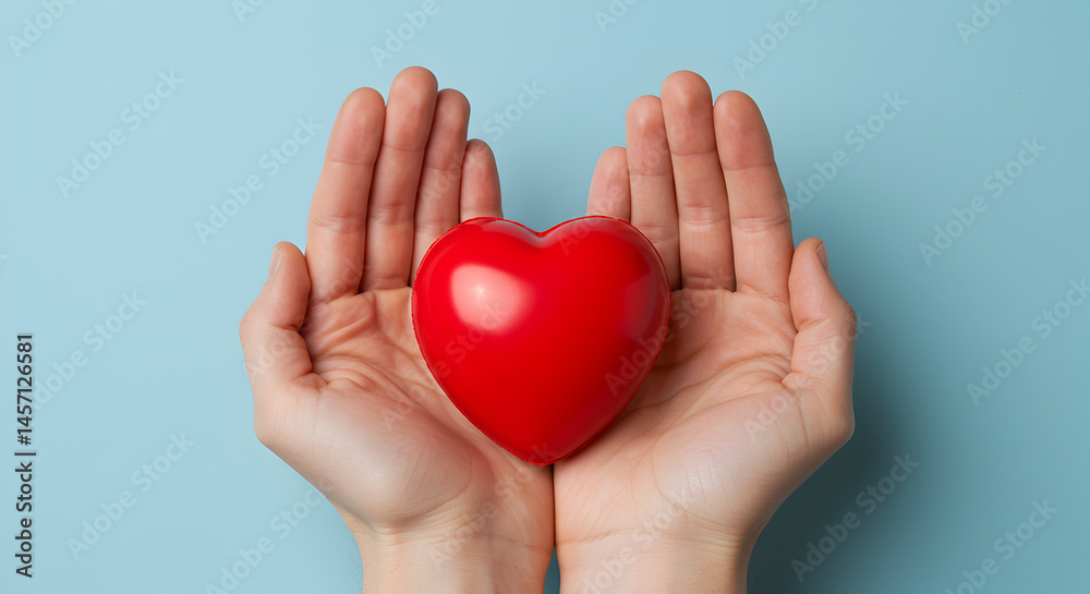 Cupped Hands Tenderly Hold a Red Heart Symbol on Light Blue Background for Love and Care Cupped Hands Tenderly Hold a Red Heart Symbol on Light Blue Background for Love and Care