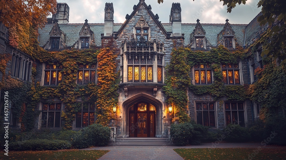 Obraz premium Regal university library highlighted by elaborate decorative motifs, steep gables, and ivy-covered walls glowing warm light frontal composition.