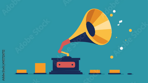 Digital Gramophone with Broken Coins A digital gramophone pouring out broken coins instead of music illustrating how technology has changed the music landscape but resulted in less