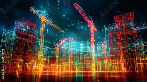 Wallpaper Mural Rising metropolis under construction illuminated by neon digital pathways cranes and steel beams cutting through the skyline.   Torontodigital.ca