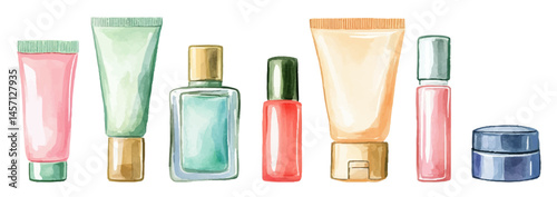 Lipstick, nail polish, cream, powder, various makeup products vector vibrant illustration. Perfect for beauty, fashion skincare designs. Cream, lipstick, red nail polish, facial toner, perfume.