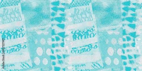 Seamless teal green woven grunge dye border pattern. Irregular beach cottage dye washed out resist banner background. Modern mottled woven style for trendy coastal worn texture tape edging trim.