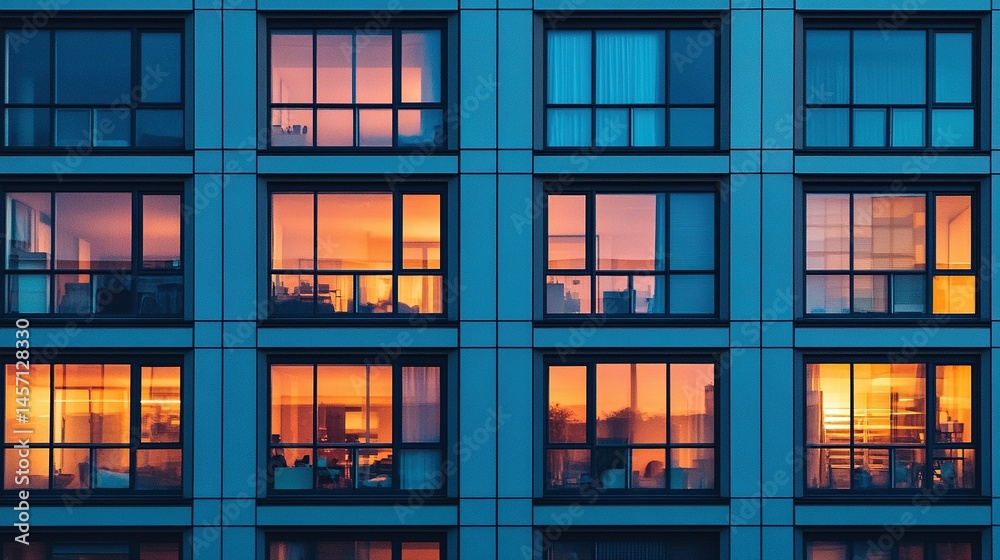 High-rise apartment windows, geometric, repetitive, modern, sharp lines, reflections, mirrorless camera, 85mm lens, sunset, architectural photography, chrome film. High-rise apartment windows, geometric, repetitive, modern, sharp lines, reflections, mirrorless camera, 85mm lens, sunset, architectural photography, chrome film.