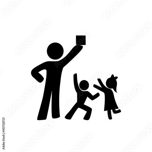Silhouette icon of adult holding an object away from children to keep it out of their reach. Concept of child safety, hazardous items, and responsible parenting