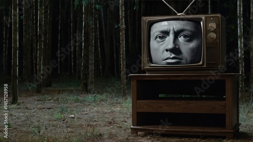 Old television with a face on the screen in the middle of a dark and dense forest setting