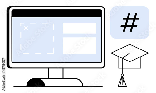 Computer monitor displaying a digital interface with fields and icons, metadata tag symbol, graduation cap. Ideal for education, e-learning, social media, innovation, teamwork, technology simple