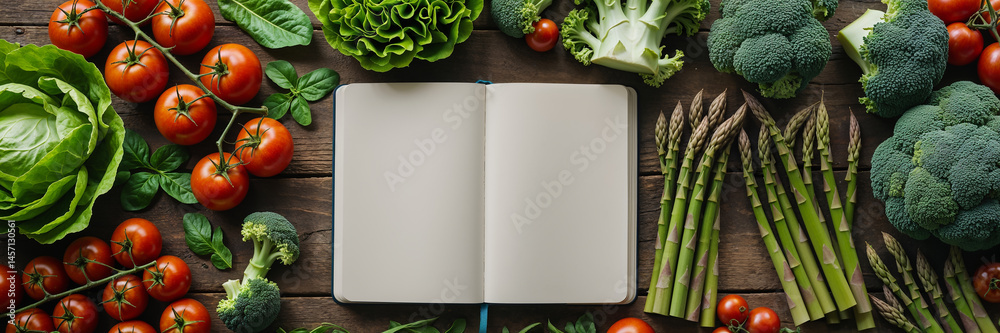 empty notebook, different vegetables on the table